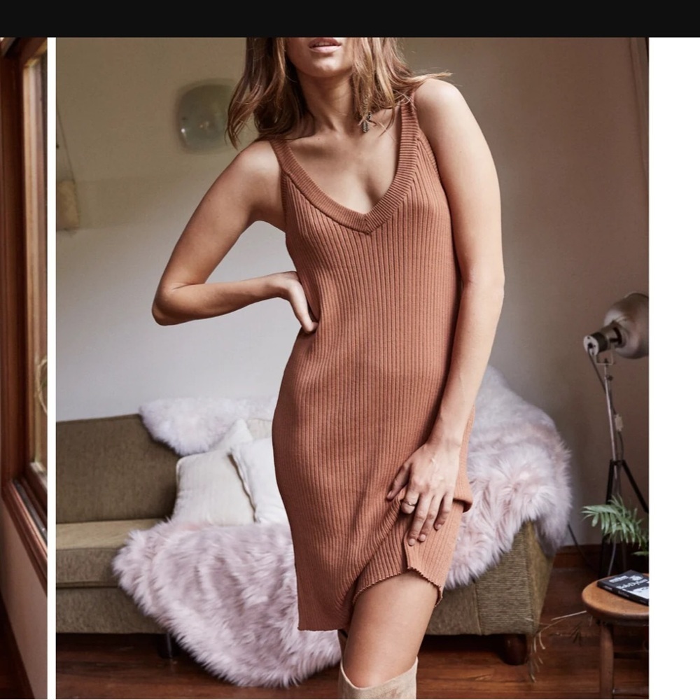 Somedays Lovin Deep V-Neck Sleeveless Ribbed Bodycon Knit Mini Hazelnut Dress